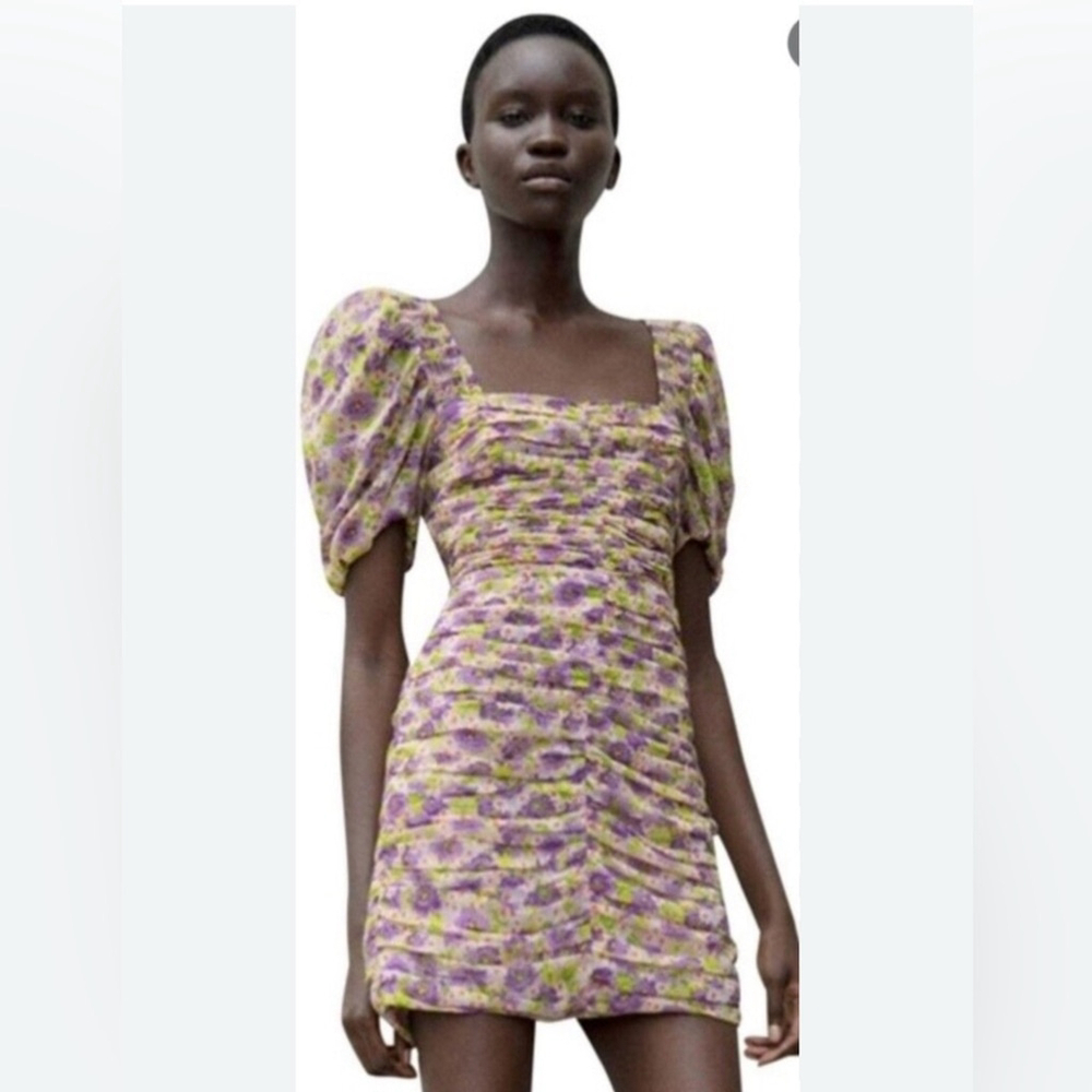 zara purple floral puff sleeve chiffon ruched mini dress square neck size S NWT